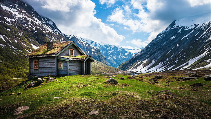 brown house, fjord, Norway, cabin, mountains, valley, HD wallpaper