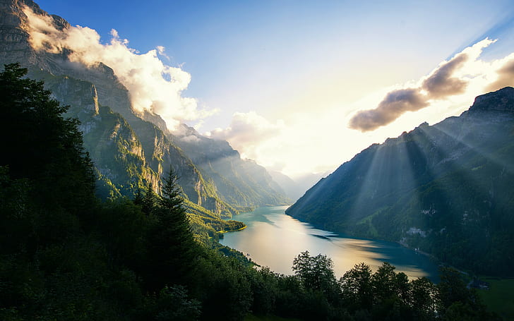 Fjord, Sonnenstrahlen, Fluss, HD-Hintergrundbild