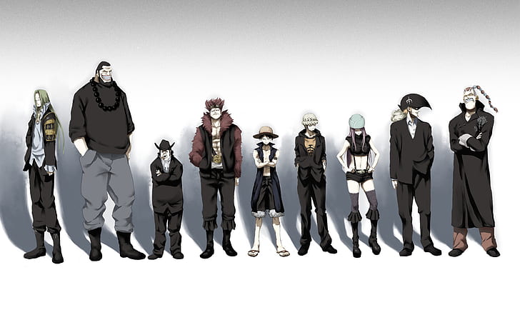 Anime, One Piece, Basil Hawkins, Black Hair, Boots, Boy, Brown Hair, Capone Bege, Coat, Eustass (One Piece), Fur, Ghost in the Shell: Stand Alone Complex, Girl, Hat, Jewelry Bonney, Long Hair, Monkey D. Luffy, Necklace, Parody, Purple Hair, Red Hair, Scratchmen Apoo, Shorts, Smile, Thigh Highs, Trafalgar Law, Urouge (One Piece), X Drake, HD wallpaper