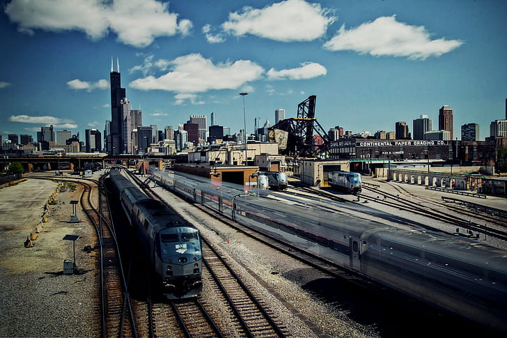 Чикаго, Иллинойс, поезд, облака, небоскребы, железная дорога, поезд, город, Иллинойс, Чикаго, HD обои
