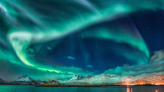 auroras boreales, estrellas, noche estrellada, fiordo, noche, luces nocturnas, cielo nocturno, noruega, torsfjorden, aurora boreal, espacio, luces polares, ártico, fenómeno, atmósfera de tierra, cielo, atmósfera, naturaleza, Fondo de pantalla HD HD wallpaper