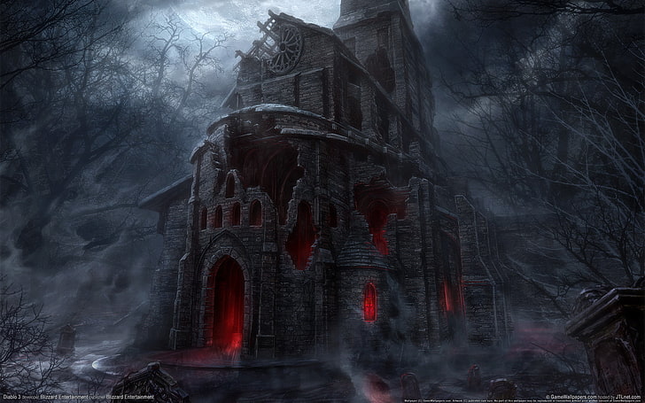 серый и черный призрачный замок, свечение, церковь, руины, диабло, HD обои