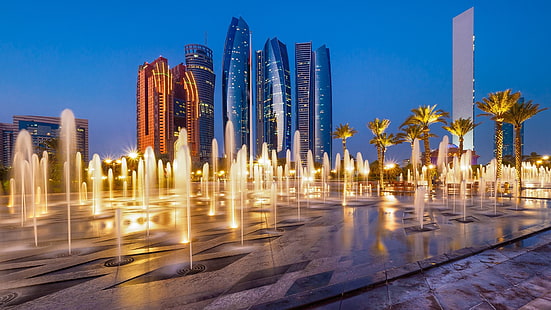 фонтан, городской пейзаж, мегаполис, небоскребы, абу даби, вечер, оаэ, башенный блок, объединенные арабские эмираты, горизонт, азия, HD обои HD wallpaper