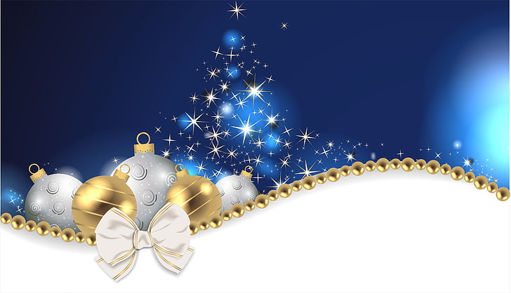 perak dan emas Pernak-pernik Natal, kepingan salju, mainan, pohon, tahun baru, Wallpaper HD