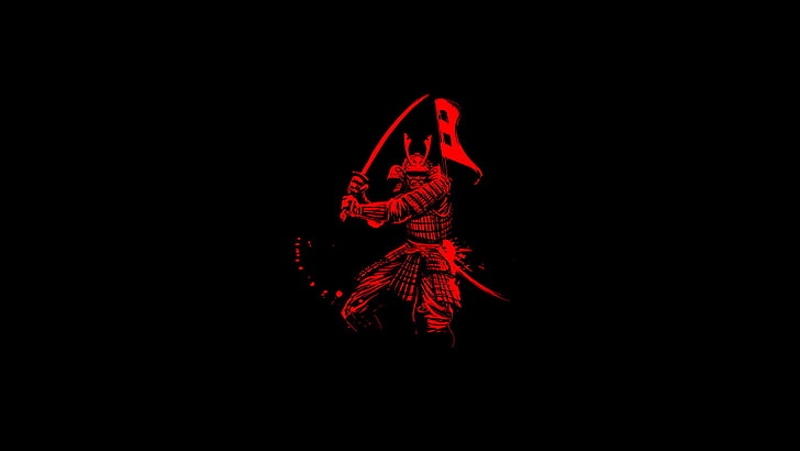 красный самуарай иллюстрация, фон, катана, воин, самурай, HD обои