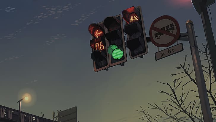 road sign, dusk, street light, traffic lights, trees, branch, HD wallpaper