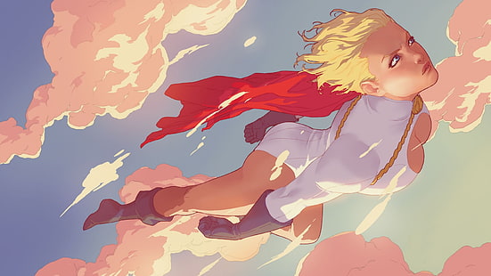 Power Girl, DC Comics, comics, sky, clouds, flying, cape, boots, gloves, HD wallpaper HD wallpaper