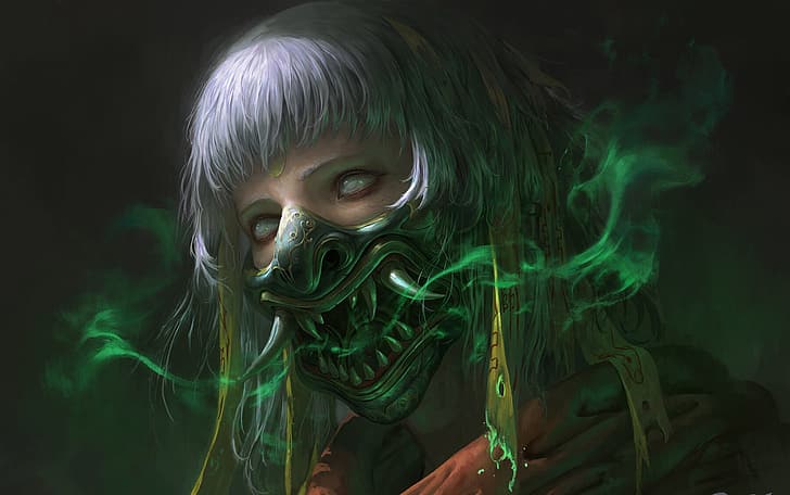 mouth, fangs, grin, demon, evil, horror, in the dark, demon mask, evaporation, walleye, by Chin Iikhui, HD wallpaper