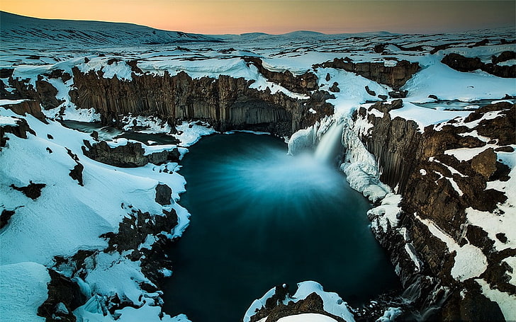природа, пейзаж, Исландия, водопад, длинные выдержки, пруд, снег, зима, скалы, холмы, холод, HD обои