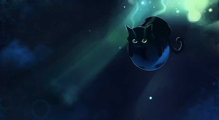 Spacecat, tapeta z kotem z Cheshire, artystyczna, fantasy, piękna, zielona, ​​kotek, czarna, grafika, kotek, zwierzę, malarstwo, śliczna, malowanie kota, czarny kot, Spacecat, Tapety HD