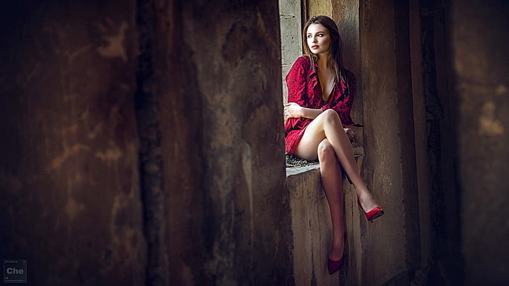 atasan merah wanita, Che Nai, kaki bersilang, kaki, 500px, wanita, model, duduk, Wallpaper HD