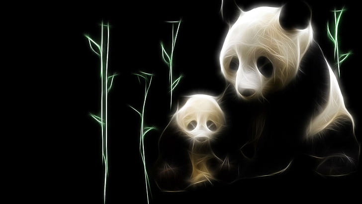 Pa & Cub, panda, frattale, bambù, 3d e astratto, Sfondo HD