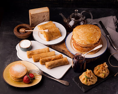 Speisen, Crêpe, Frühstück, Marmelade, Pfannkuchen, Stillleben, HD-Hintergrundbild HD wallpaper