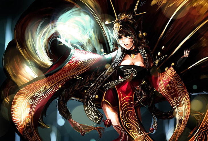 female animated character digital wallpaper, League of Legends, Ahri, HD wallpaper