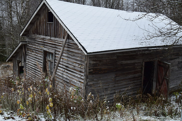 winter, cabin, snow, abandoned, HD wallpaper