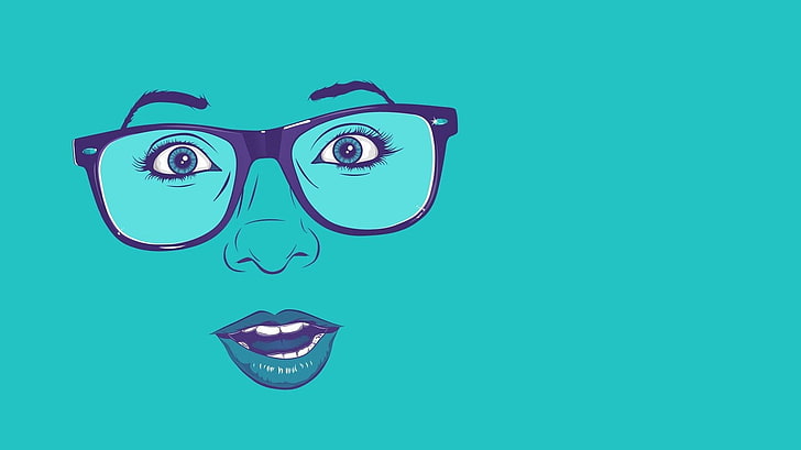 human face with eyeglasses illustration, blue, face, glasses, minimalism, artwork, cyan, cyan background, eyes, lips, HD wallpaper