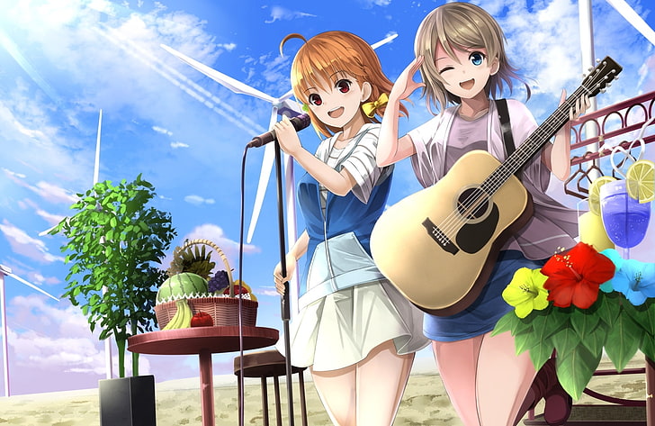 Anime girls, guitar, mic, singing, smiling, summer, windmill, music, Anime,  HD wallpaper | Wallpaperbetter