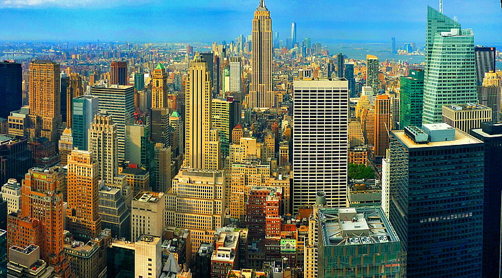 Нью-Йорк на фоне линии горизонта в дневное время, Нью-Йорк, панорамы, городской пейзаж, HD обои