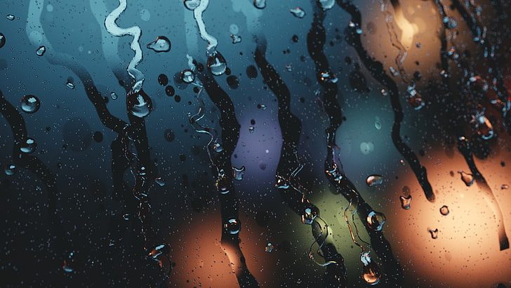 wet glass, water drops, water on glass, streaks, blurred, HD wallpaper