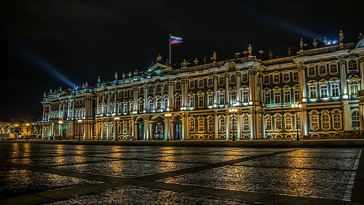 ベージュと緑の家屋敷、ロシア、ピーター、冬宮殿、サンクトペテルブルク、エルミタージュ美術館、宮殿広場、 HDデスクトップの壁紙