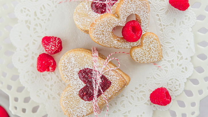 two heart-shaped breads, cookies, heart, raspberries, food, HD wallpaper