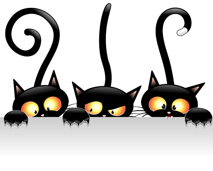 trois chats noirs vectoriel, chats, vecteur, noir, vues, queues, Fond d'écran HD