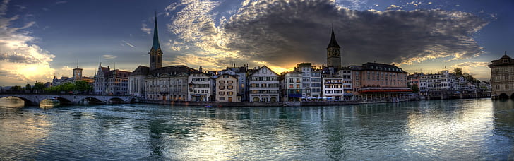 Dusk, houses, river, Zurich, Switzerland, Dusk, Houses, River, Zurich, Switzerland, HD wallpaper
