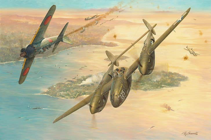 war, art, painting, aviation, Lockheed P-38 Lightning, ww2, combat, dogfight, Mitsubishi A6M5 Reisen, HD wallpaper