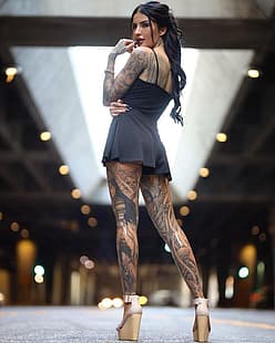 Katia, Katia tatuada, tatuaje, tanga, lencería, manos en la cintura, minivestido, Fondo de pantalla HD HD wallpaper