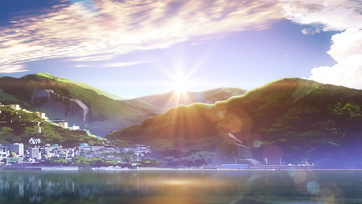 montagna verde, Nagi no Asukara, paesaggio, riflesso lente, anime, Sfondo HD
