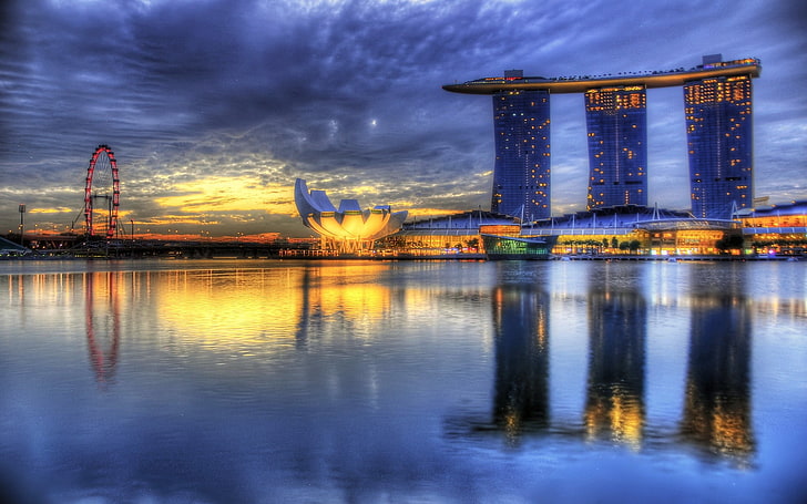 blue and yellow glass high-rise buildings, marina bay hotel, singapore, ferris wheel, river, hdr, HD wallpaper