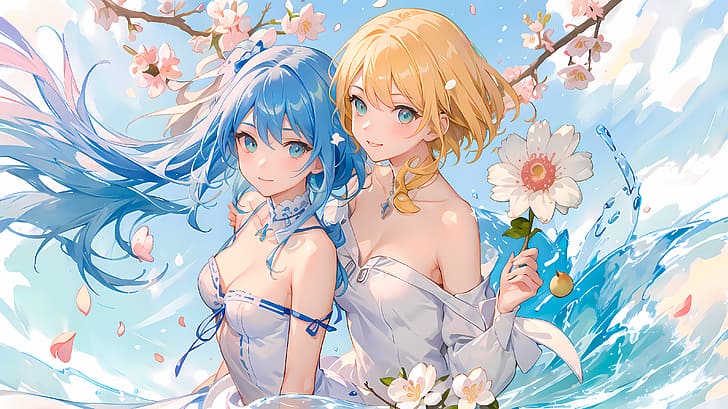 AI art, blue hair, flower in hair, skirt, Plum blossom, HD wallpaper