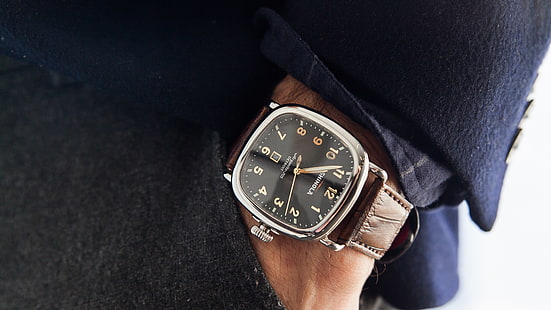 fyrkantig silverfärgad analog klocka med brunt läderrem, shinola muhammad ali, klockor, hand, HD tapet HD wallpaper