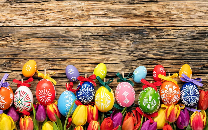 Frohe Ostern, bunte Eier, Holzbrett, Tulpen Blumen, Frohe Ostern, bunte Eier, Holz, Brett, Tulpen, Blumen, HD-Hintergrundbild