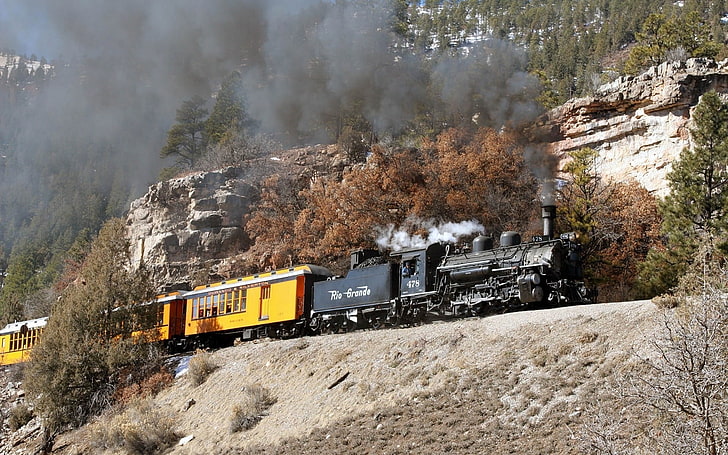 kereta lokomotif hitam dan kuning, kereta api, vintage, lokomotif uap, alam, kendaraan, Wallpaper HD