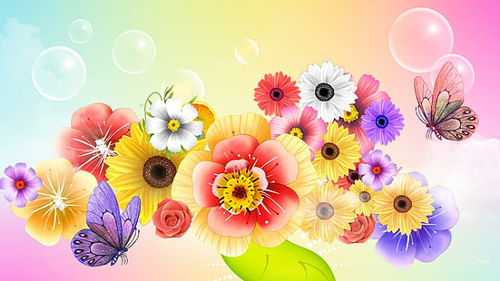 Cor da beleza, papillon, brilhante, aroma, borboleta, fleurs, flores, primavera, resumo, perfumado, colorido, colagem, HD papel de parede HD wallpaper