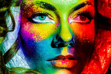 malowanie twarzy kobiety, spojrzenie, dziewczyna, twarz, rzęsy, farba, zbliżenie, Tapety HD HD wallpaper
