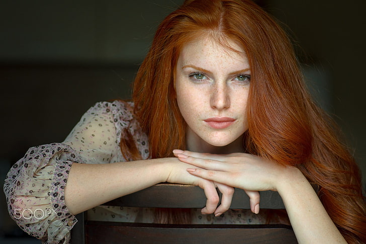 women, model, redhead, portrait, face, freckles, green eyes, HD wallpaper