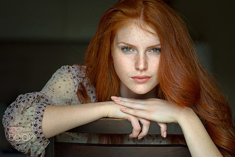 жени, модел, червенокоса, портрет, лице, лунички, зелени очи, HD тапет HD wallpaper