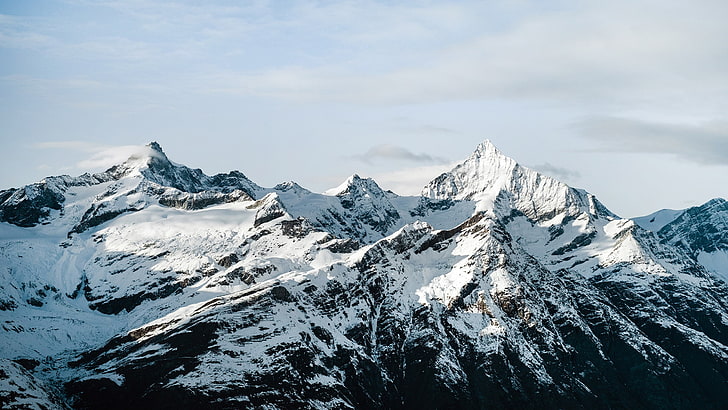 白と灰色の山、山、風景、雪、雪のピーク、岩、自然、 HDデスクトップの壁紙
