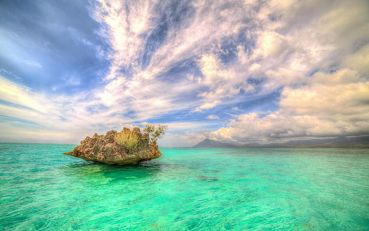 Cuerpo de agua, paisaje, naturaleza, roca, isla, mar, turquesa, agua, Mauricio, África, tropical, nubes, verano, Fondo de pantalla HD