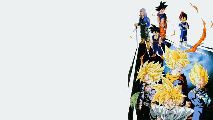 Dragon Ball, Dragon Ball Z, Son Goku, Gohan, Son Gohan, future trunks, Trunks (character), trunks, Vegeta, Super Saiyan, artwork, simple background, HD wallpaper