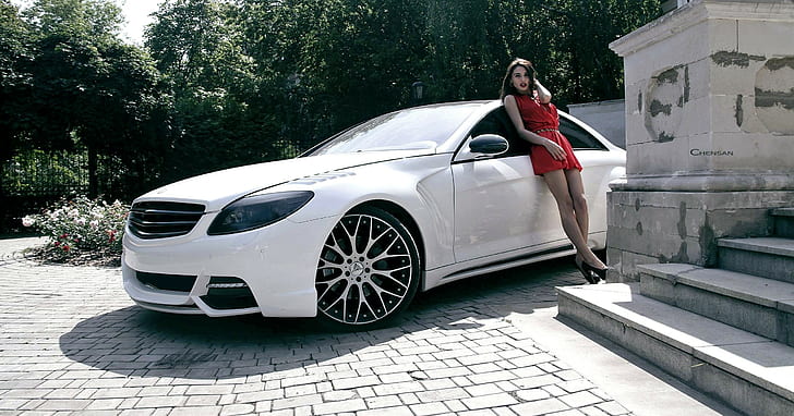 Mercedes-Benz, CL-Class, C216, white coupe, girl, Mercedes-Benz, CL-Class, C216, Mercedes coupe, Tapety HD