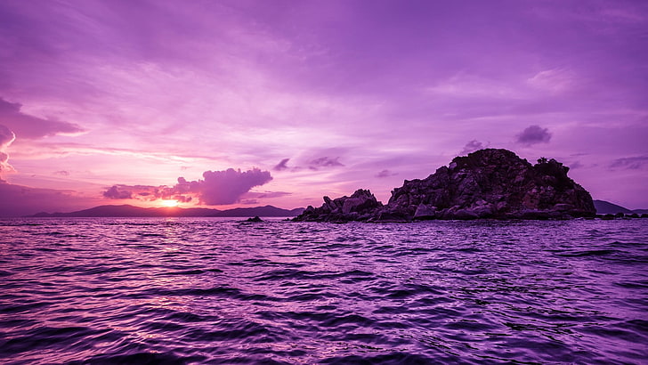 море и остров обои, остров пеликан, море, пурпурный, небо, HD обои