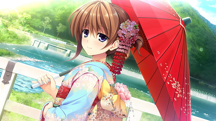 brown-haired female anime character, girl, japan, umbrella, kimono, HD wallpaper