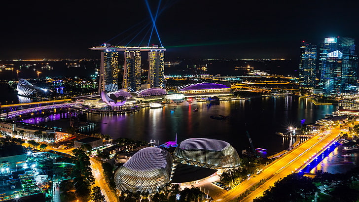 столичен район, градски пейзаж, град, размисъл, нощ, градска зона, забележителност, метрополия, вода, туристическа атракция, структура, център, силует, небостъргач, яхтено пристанище, Сингапур, HD тапет