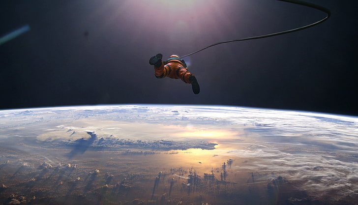 astronaut on outer space, Kentaro Kameda, artwork, space, planet, astronaut, atmosphere, HD wallpaper