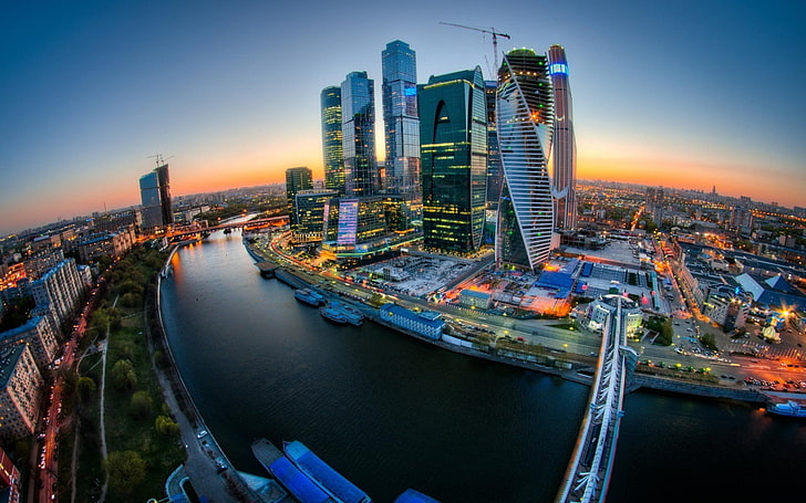 paysage urbain, Moscou, rivière, gratte-ciel, pont, Russie, HDR, lumières, Fond d'écran HD