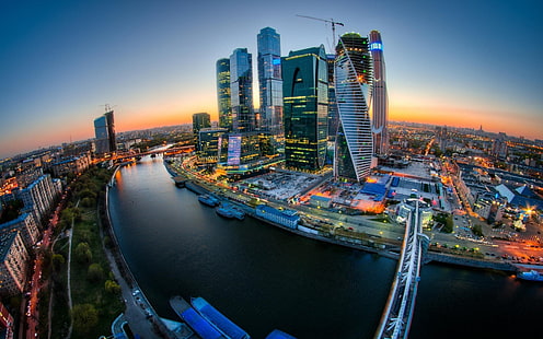 pejzaż miejski, Moskwa, rzeka, wieżowiec, most, Rosja, HDR, światła, Tapety HD HD wallpaper
