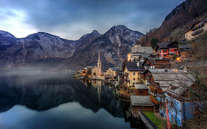 gunung, pemandangan, danau, kota, refleksi, Hallstatt, Wallpaper HD